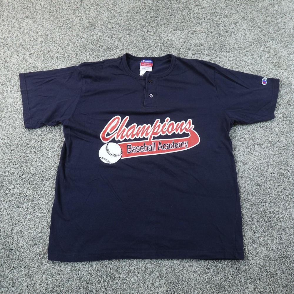 VTG Champion Shirt Mens M Blue Baseball Henley Jersey Graphic Tee Top 90s Y2K